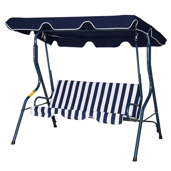 3 Seater Garden Swing Chair_ Outdoor Garden Bench with Adjustable Sun Cover and Metal Frame - Blue Stripes