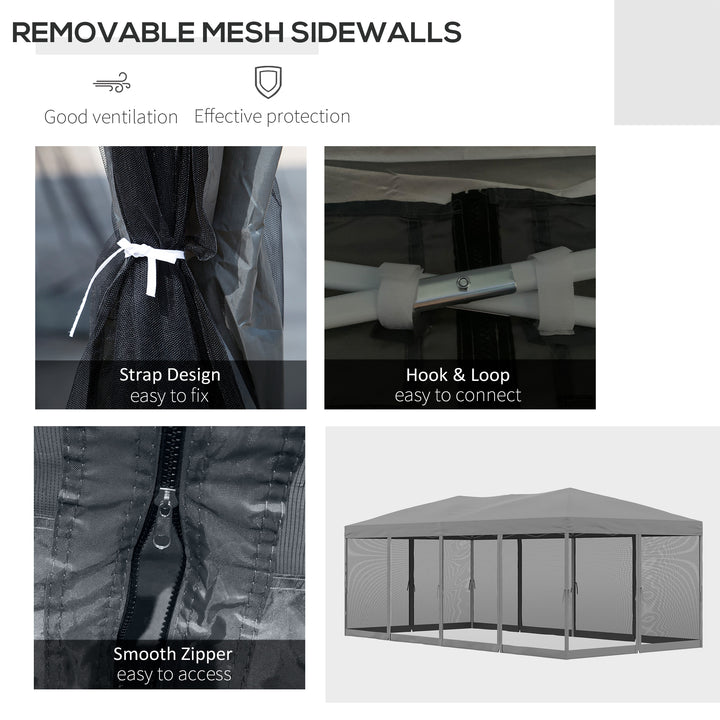Outsunny 3 x 6 m Garden Pop Up Gazebo Marquee Water-Resistant Party Tent Wedding Canopy Awning w/ Mesh Sidewalls and Storage Bag, Grey