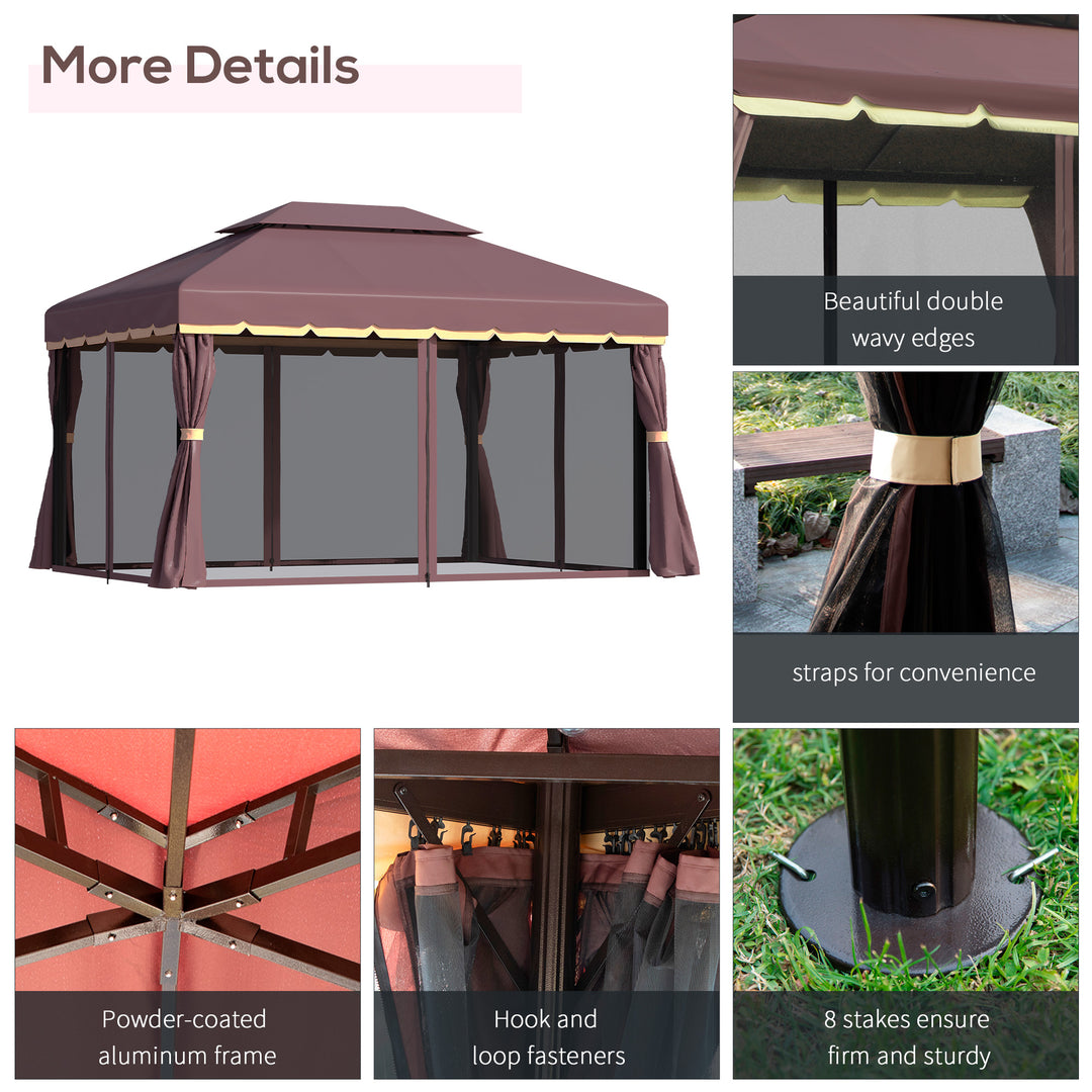 Outsunny 3 x 4m Aluminium Alloy Gazebo Marquee Canopy Pavilion Patio Garden Party Tent Shelter with Nets and Sidewalls - Coffee