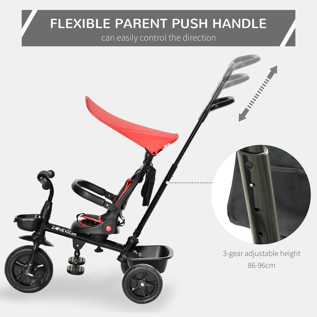4 in 1 Baby Tricycle Toddler Stroller Foldable Pedal Tricycle w/ Reversible Angle Adjustable Seat Removable Handle Canopy Handrail Belt-Red