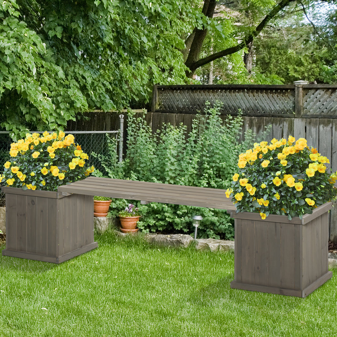 Outsunny Wooden Garden Planter &amp; Bench Combination Garden Raised Bed Patio Park Grey 176 x 38 x 40 cm