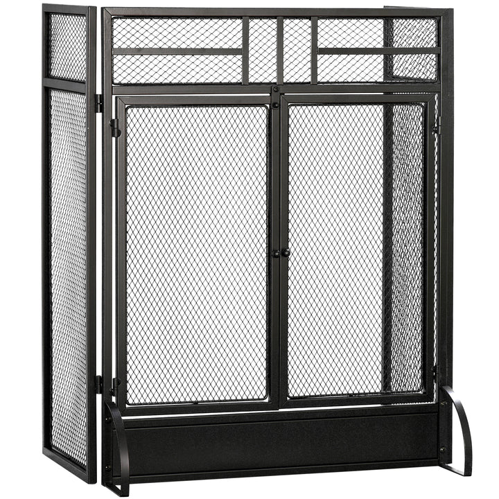 HOMCOM 3-Panel Folding Fireplace Screen with Door, Freestanding Spark Guard, Metal Mesh Fireguard, Black