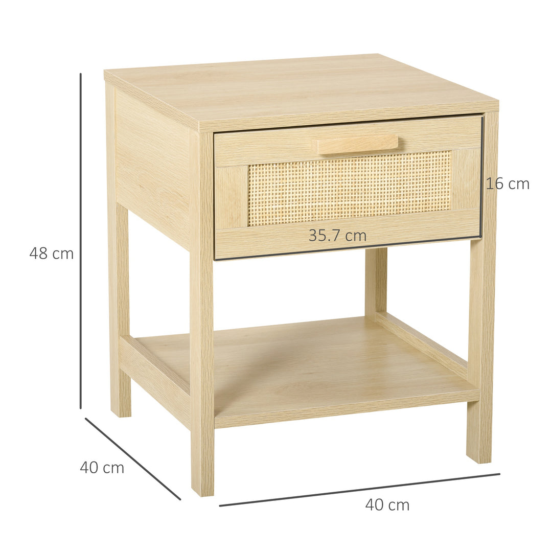 Nightstand with Rattan Drawer and Storage Shelf, Bedside End Table for Bedroom, Living Room Organizer