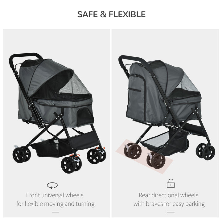 PawHut Pet Stroller Dog Pushchair Foldable Jogger with Reversible Handle EVA Wheel Brake Basket Adjustable Canopy Safety Leash Grey