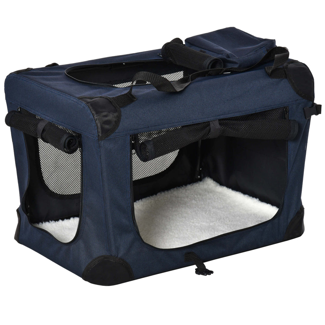 PawHut Pet Carrier Folding Dog Bag Portable Cat Carrier Soft Pet Crate w/ Cushion, 60 x 41.5 x 41 cm, Dark Blue