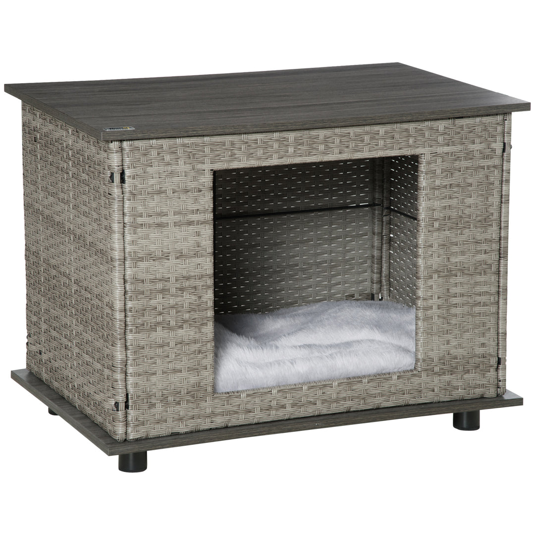 Wicker Dog House, Rattan Pet Bed, End Table Furniture, with Soft Cushion, For small and medium Dogs - Grey