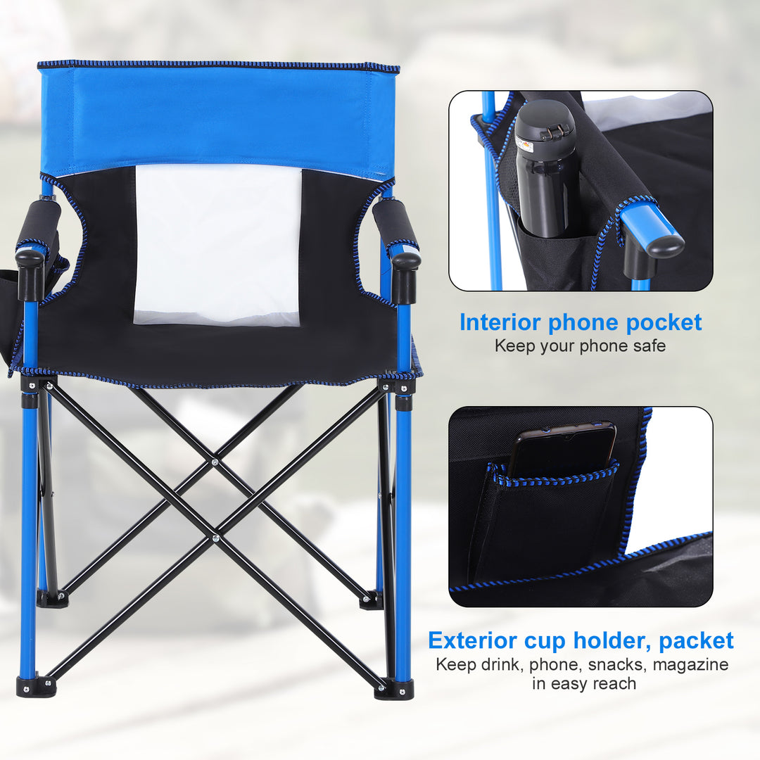 Metal Frame Sponge Padded Folding Camping Chair w/ Pockets Blue