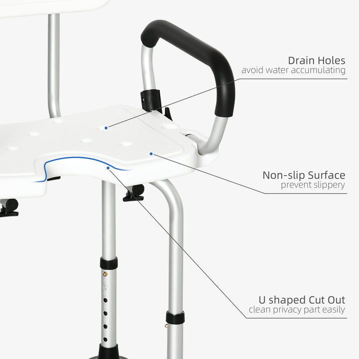 Shower Chair for the Elderly and Disabled, Height Adjustable Shower Stool with Back and Flipped Padded Arms, Suction Foot Pads, White