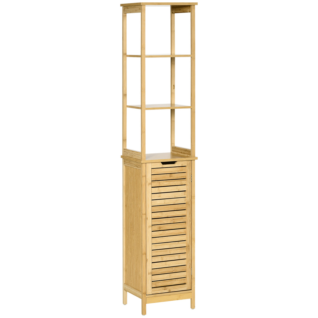 kleankin Bathroom Floor Cabinet with 3 Shelves and Cupboard, Slim and Freestanding Organiser, Tallboy with Storage, Natural