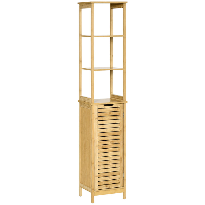 kleankin Bathroom Floor Cabinet with 3 Shelves and Cupboard, Slim and Freestanding Organiser, Tallboy with Storage, Natural