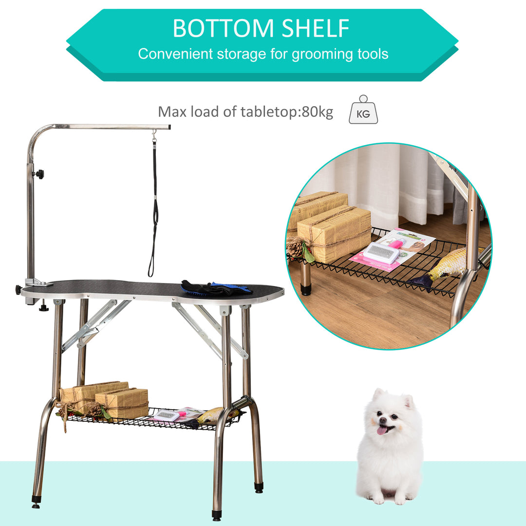 PawHut Foldable Pet Grooming Table Dog Drying Table with Adjustable Arm Non-Slip Rubber Tabletop Aluminium Alloy Edge Stainless Steel Bar Sling Black