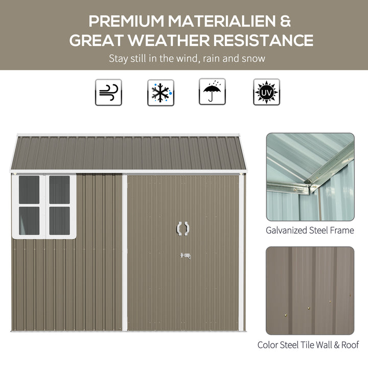 8 x 6 ft Metal Garden Storage Shed Patio Corrugated Roof Tool Storage Box w/ Double Door Window Sloped Roof, Grey