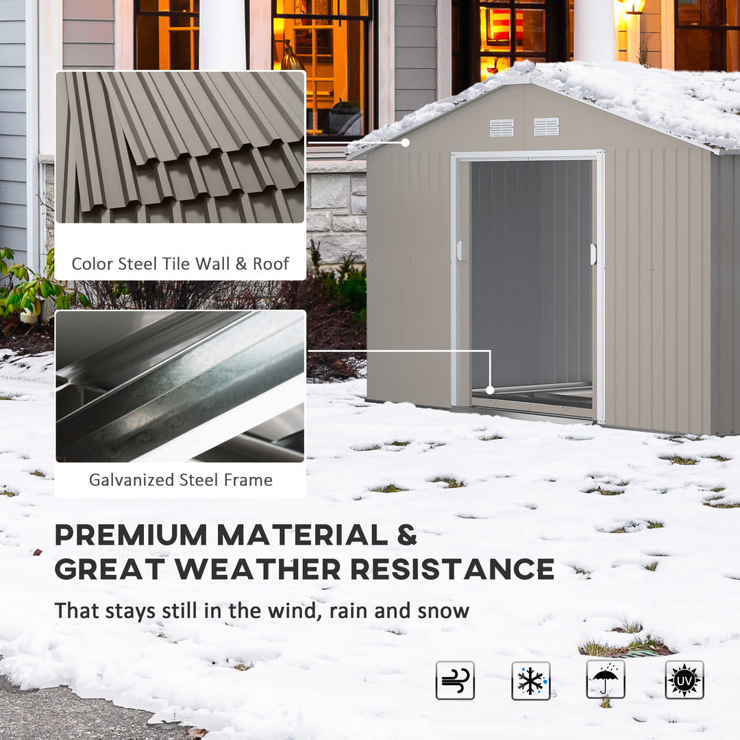 Outsunny 13 x 11ft Garden Metal Storage Shed Outdoor Storage Shed with Foundation Ventilation & Doors, Light Grey