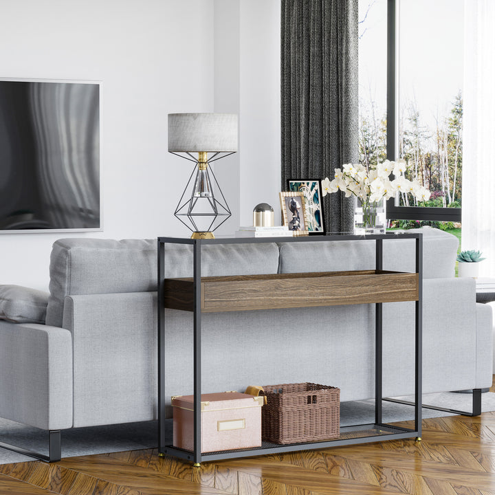 HOMCOM Industrial Style Console Table Sofa Table with Tempered Glass Top and Steel Frame for Living Room Hallway Entrance