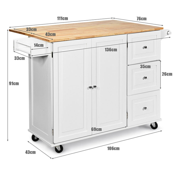 Kitchen Island Cart on Wheels with 3 Drawers and 2-door Cabinet-White