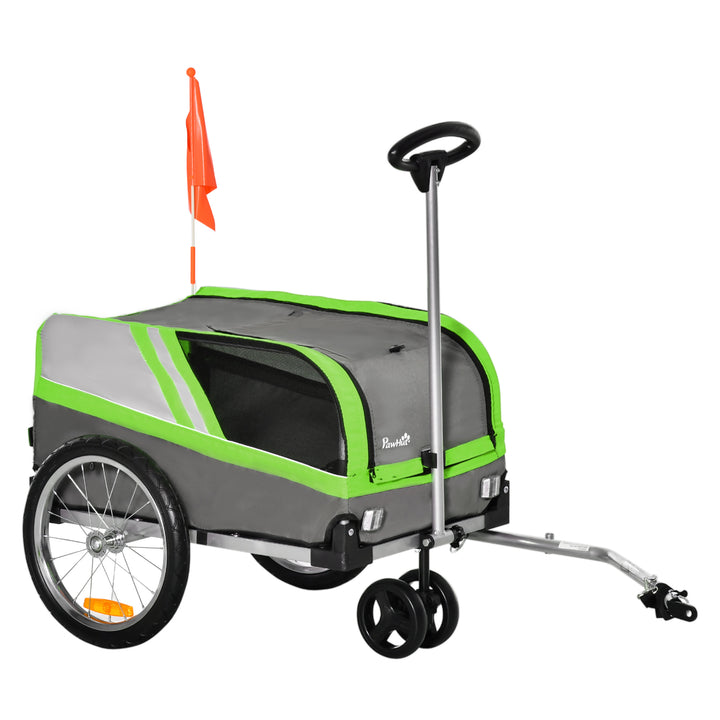 PawHut Dog Bike Trailer Two-In-One Trolley Stroller Cart Bicycle Carrier for Cat Puppy Travel w/ Reflectors Red Flag – Green