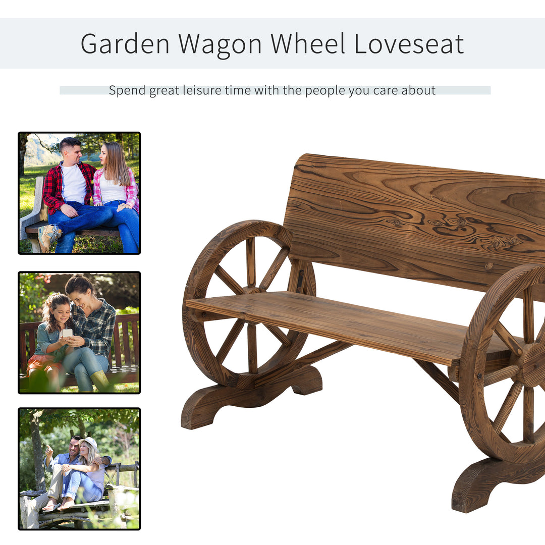 Wooden Cart Wagon Wheel 2 Seater Garden Bench Outdoor Chair Rustic High Back Loveseat Burnt Stained