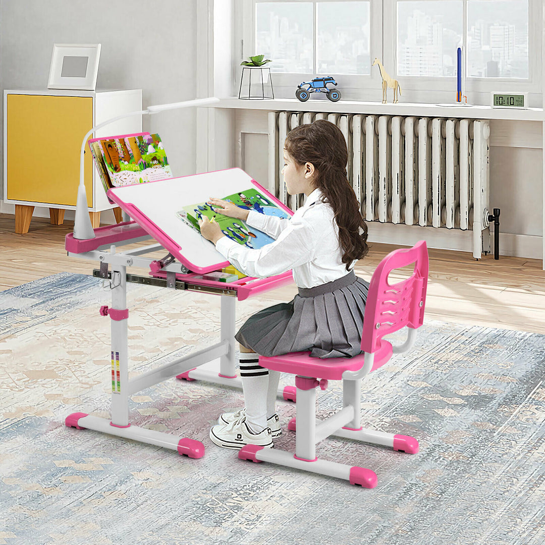 Height Adjustable Kid's Tilted Desk Set with Lamp & Drawer-Pink