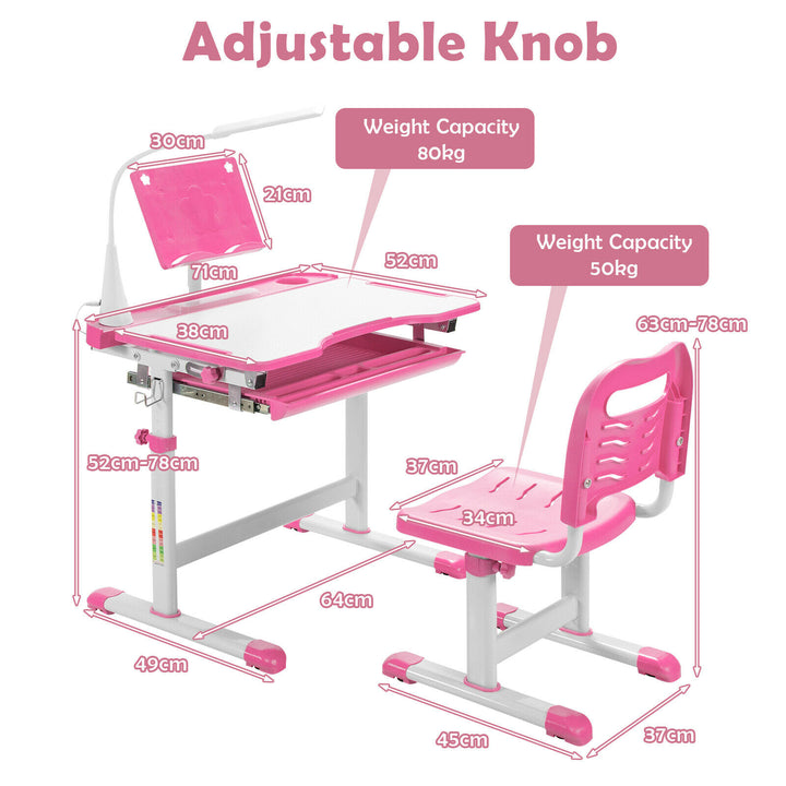 Height Adjustable Kid's Tilted Desk Set with Lamp & Drawer-Pink