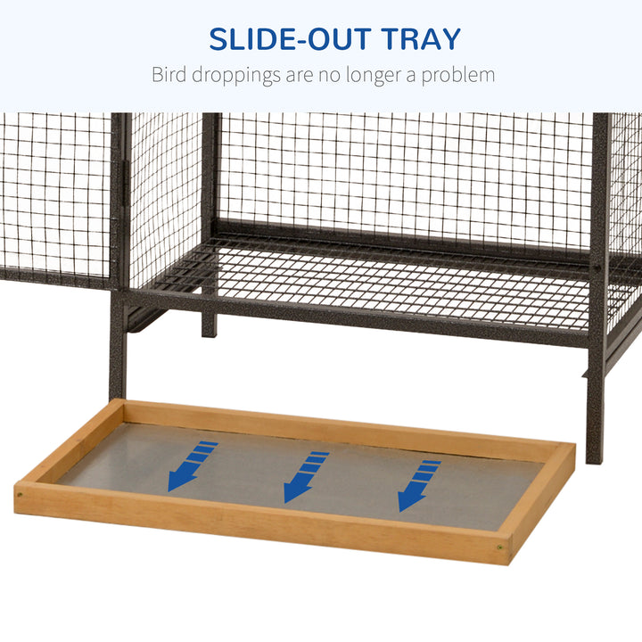 Wood &amp; Steel Bird Cage, with Standing Pole, Nest and Slide-Out Tray - Natural Finish