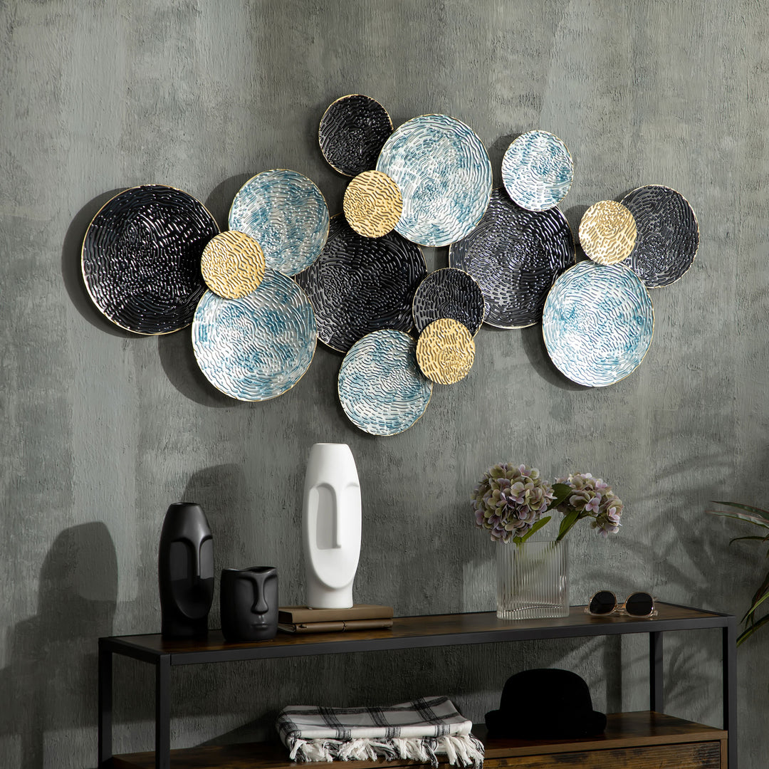 3D Metal Wall Art Modern Circle Hanging Wall Sculptures Home Decor for Living Room Bedroom Dining Room, Blue Black Gold
