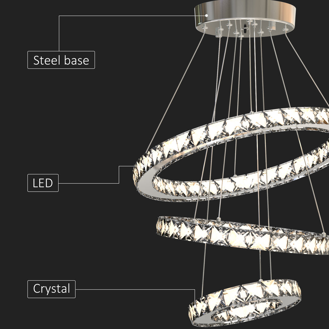 Modern LED Chandelier with 3 Crystal Rings, Dimmable Pendent Ceiling Light Cool Warm White with Adjustable Cable Remote Controller, Silver