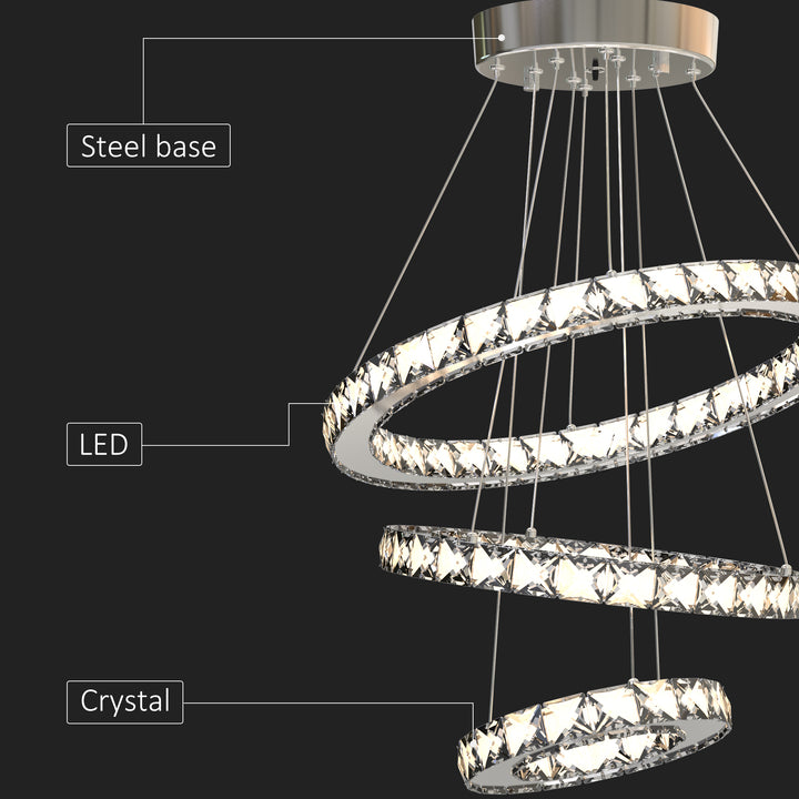 Modern LED Chandelier with 3 Crystal Rings, Dimmable Pendent Ceiling Light Cool Warm White with Adjustable Cable Remote Controller, Silver