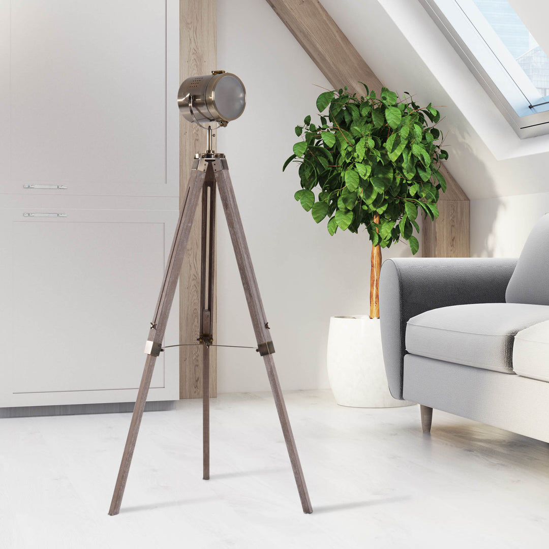 Vintage Tripod Floor Lamp Retro Industrial Photography Light Spotlight Antique Searchlight Wooden Base