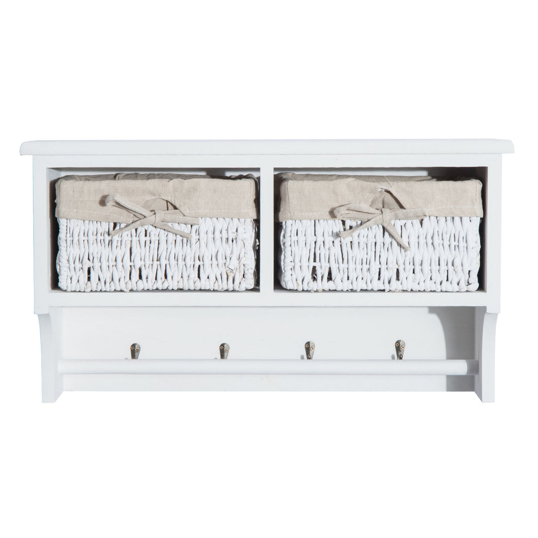 Entryway Coat Rack Wall Mounted Shelf w/Wicker Basket and Hooks (2 Baskets, White)