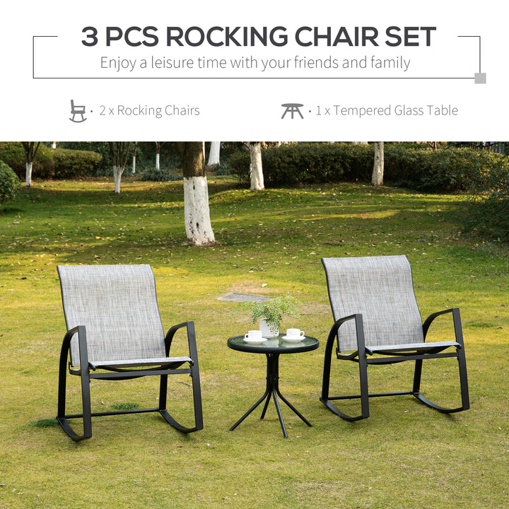 Outsunny 3 Pieces Outdoor Patio Bistro Set w/ 2 Rocking Chairs and Tempered Glass Table for Garden, Porch, Poolside, Grey