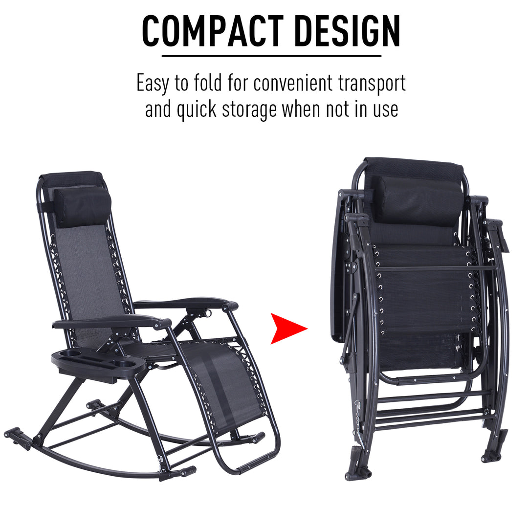 Rocking Chair Folding Recliner Outdoor with Headrest Side Holder Patio Deck - Black