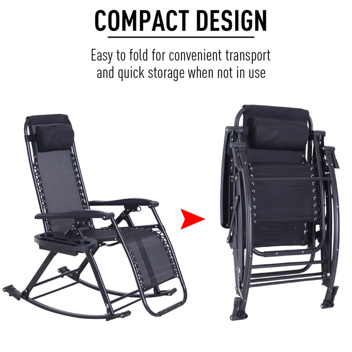 Rocking Chair Folding Recliner Outdoor with Headrest Side Holder Patio Deck - Black