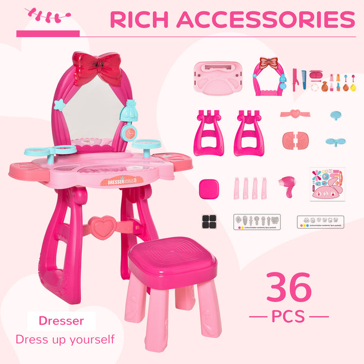 36 Pcs Kids Vanity Musical Dressing Table Make Up Desk w/ Stool Beauty Kit Toy Children Glamour Princess Magic Mirror Lights for 3 Years Old
