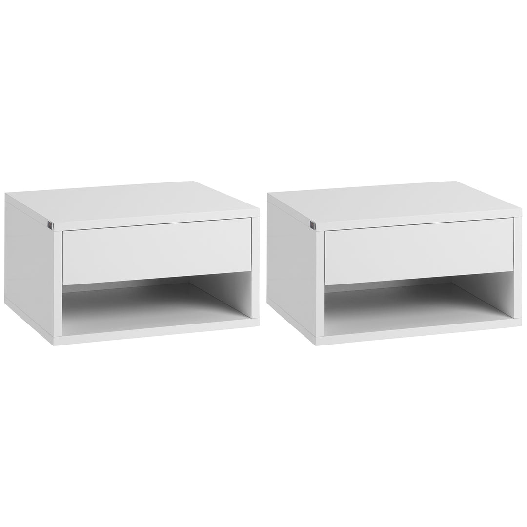 2 Pieces Bedside Table Wall Mounted Nightstand with Drawer and Shelf for Bedroom, 37 x 32 x 21cm, High Gloss White