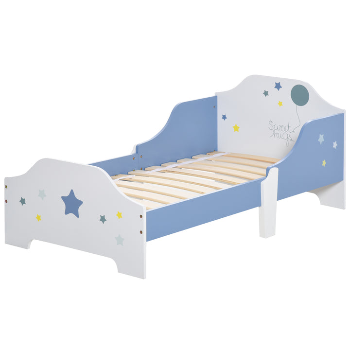 Kids Toddler Wooden Bed Round Edged with Guardrails Stars Image 143 x 74 x 59 cm Blue