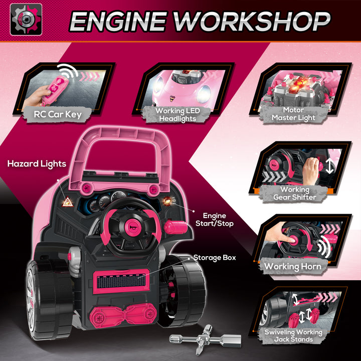 HOMCOM Kids Truck Engine Toy Set, with Horn, Light, Car Key, for Ages 3-5 Years - Pink