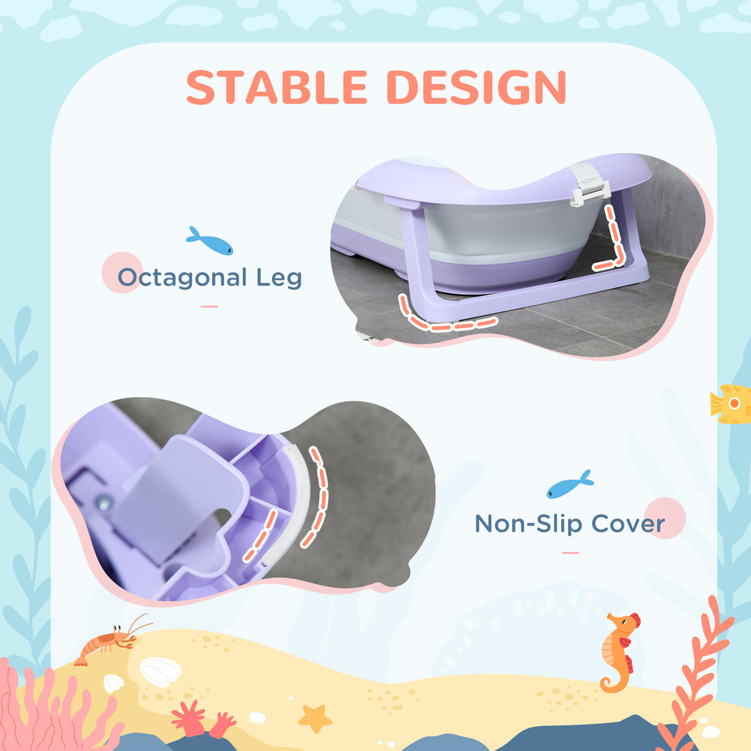 Foldable Baby Bath Tub, Bath Tub with Non-Slip Support, Cushion Pad, Drain Plugs, Shower Head Holder, for Newborn to 6 Years - Purple