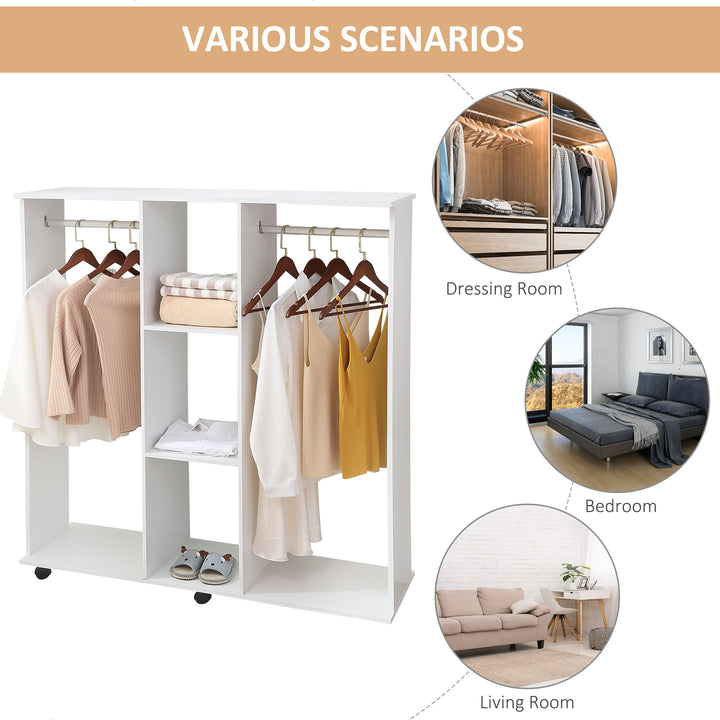 Double Mobile Open Wardrobe With Clothes Hanging Rails Storage Shelves Organizer Bedroom Furniture - White