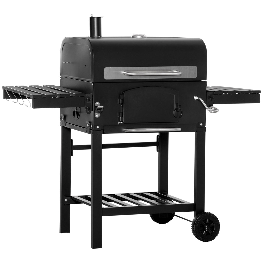 Charcoal Barbecue Grill 3-in-1 Garden BBQ Trolley w/ Adjustable Charcoal Pan Height, Folding Shelves, Adjustable Opening and Thermometer
