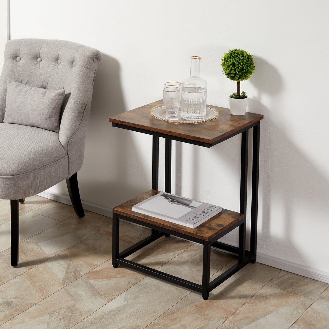 Side Table, Double Layer End Table, Modern Coffee Table with Steel Frame and Adjustable Non-Slip Feet for Living room, Bedroom, Rustic Brown