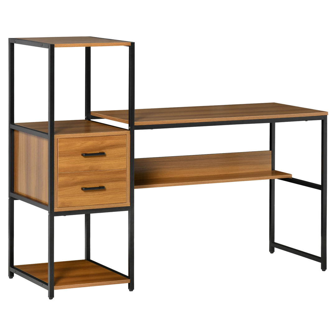 Industrial Style Home Office Computer Desk with Storage Shelf Drawer, PC Study Table Writing Workstation, Light Walnut Brown Black