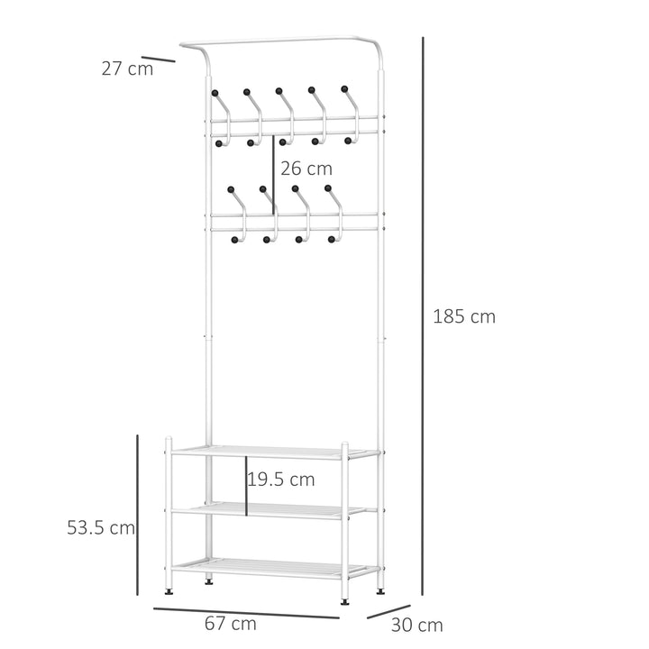 Coat Rack Stand Hall Tree Hallway Furniture with 18 Hooks 3-Tier Shoe Rack Metal Frame for Entryway Bedroom Living Room White