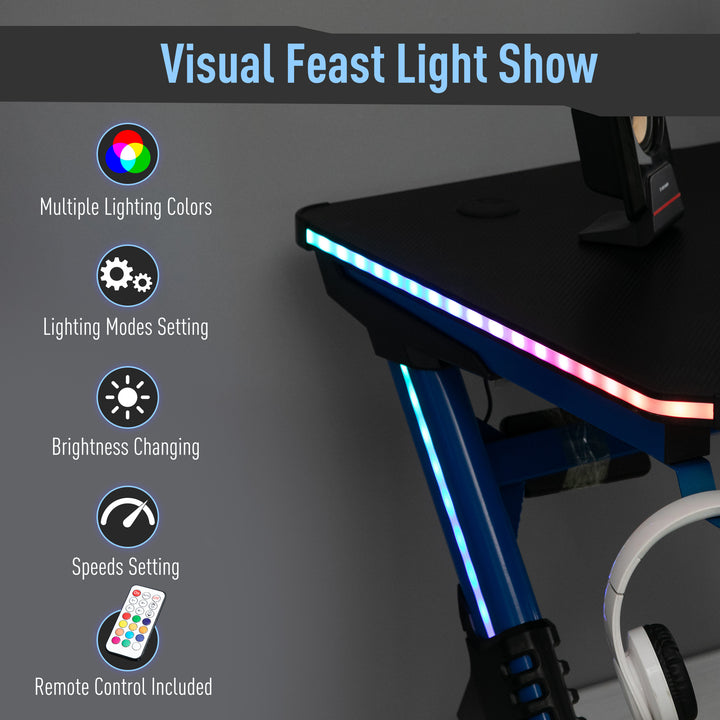 Gaming Desk with RGB LED Lights Racing Style Gaming Table with Cup Holder, Cable Management, Blue