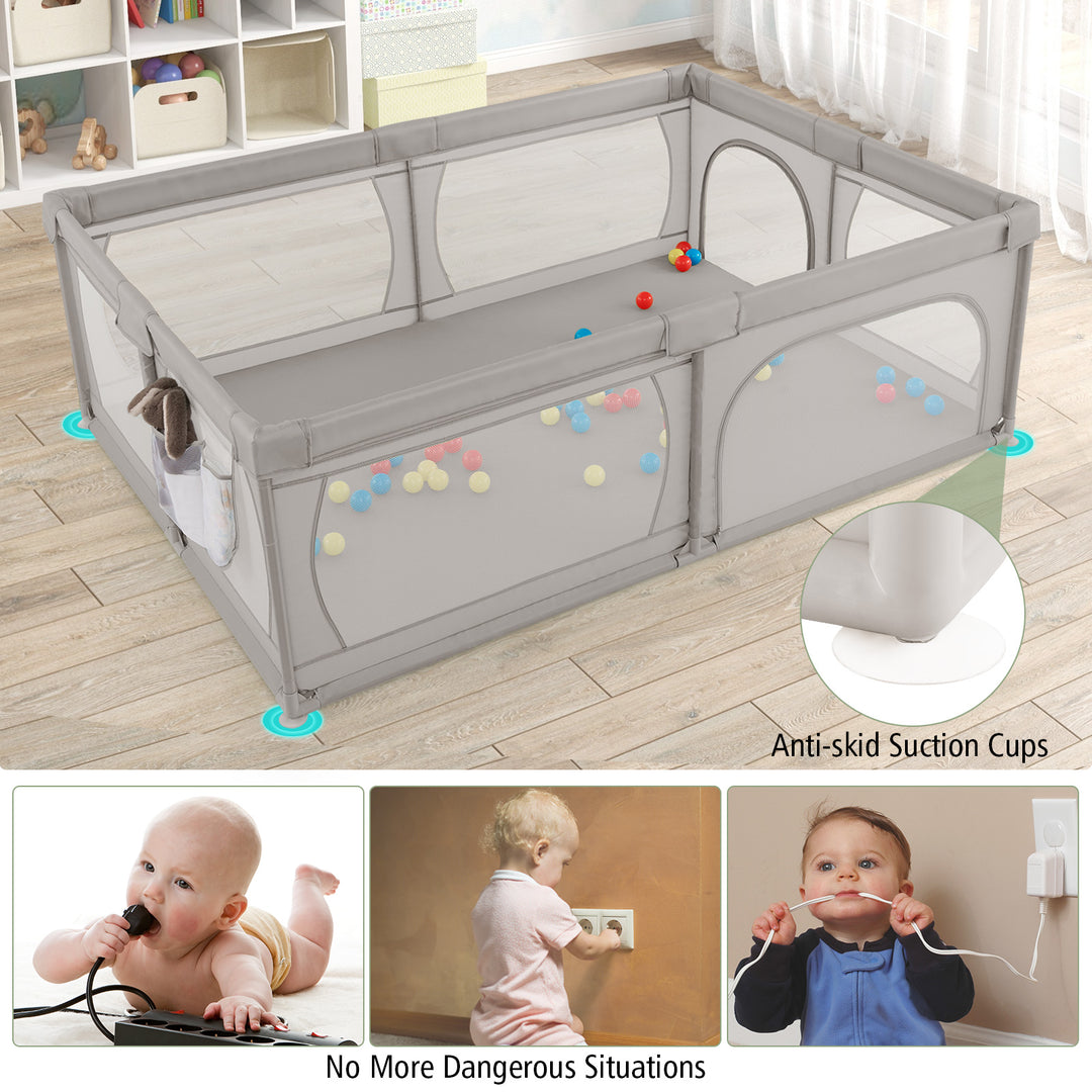 8-Panel Baby Playpen with Zipper Door and Storage Bag-Light Grey