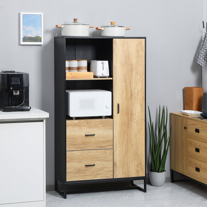 Kitchen Cupboard, Freestanding Storage Cabinet with Soft Close Door, Microwave Stand with Adjustable Shelves and Drawers Natural and Black