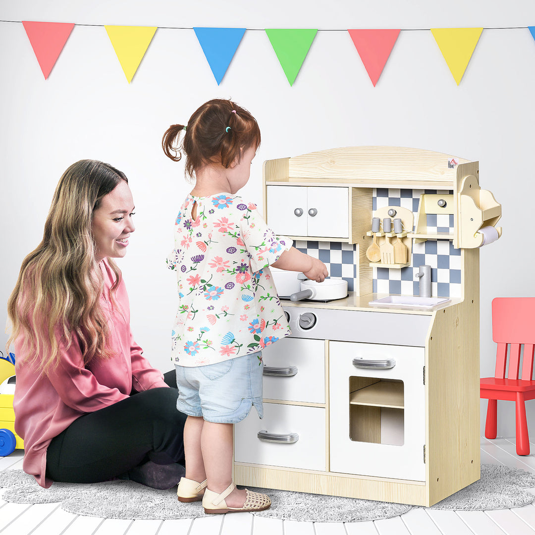 HOMCOM Kids Kitchen Play Cooking Toy Set, Educational Pretend Role Playset Game Multiple Storage, with Sink, Cooking Bench, Pots, Nature Wood