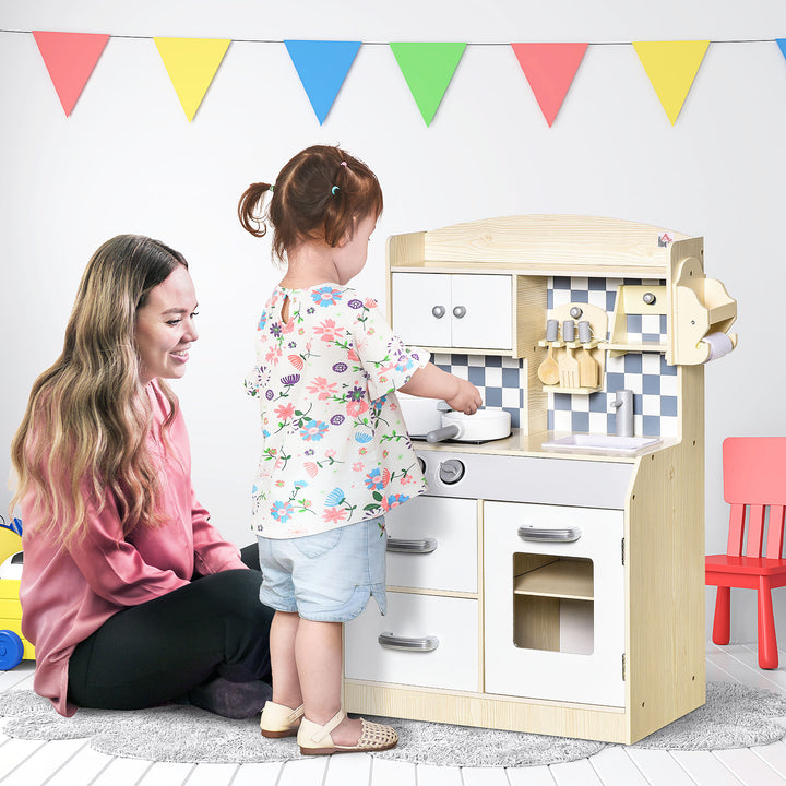 HOMCOM Kids Kitchen Play Cooking Toy Set, Educational Pretend Role Playset Game Multiple Storage, with Sink, Cooking Bench, Pots, Nature Wood