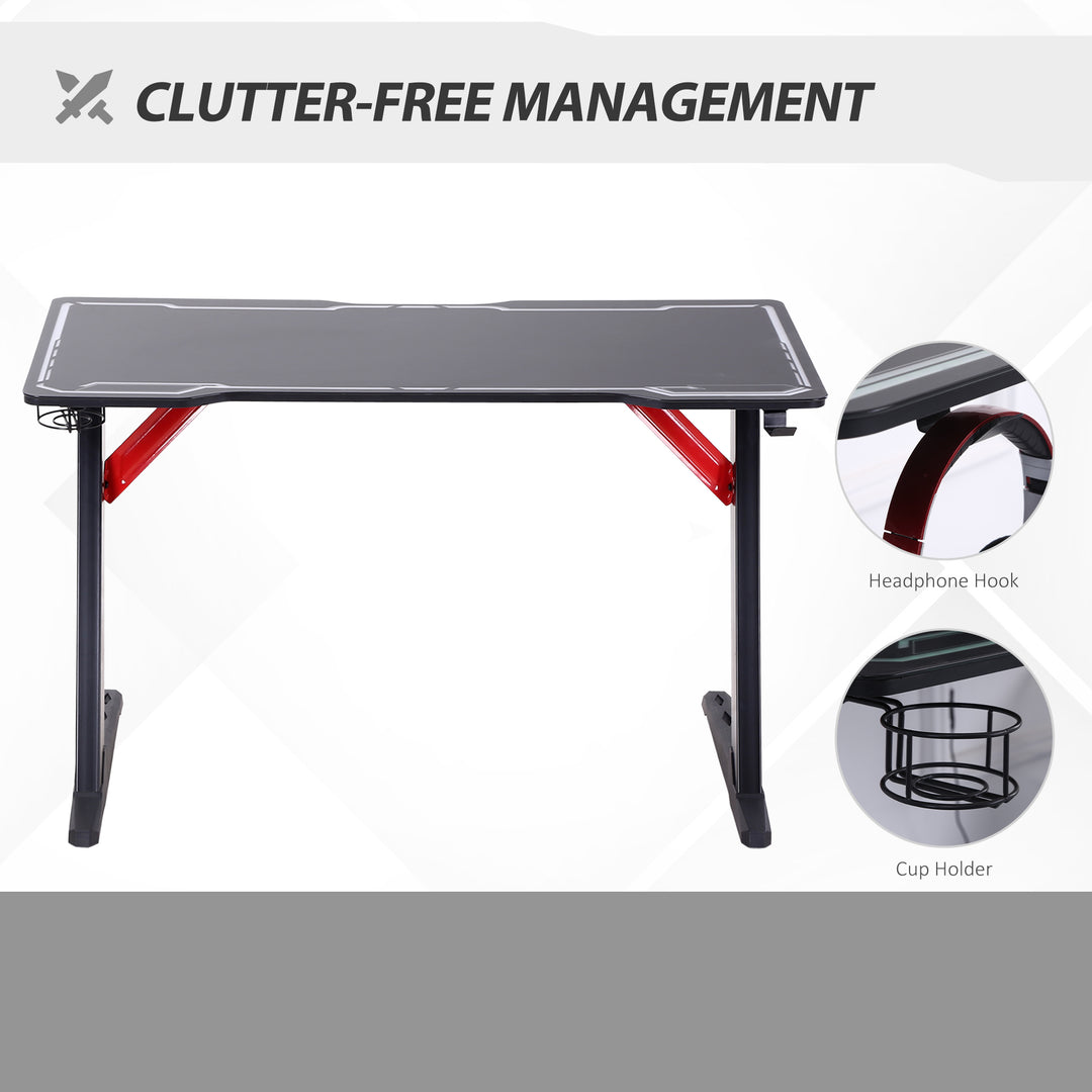 HOMCOM LED Gaming Desk, 120cm Racing Style Computer Table with Lights Cup Holder Headphone Hook Cable Management E-Sport Study Workstation – Black