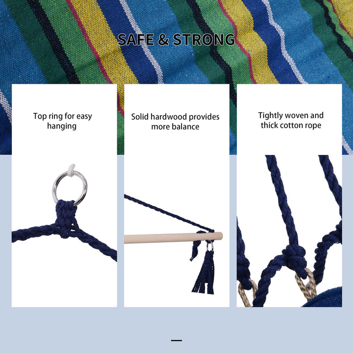 Outdoor Hammock Hanging Rope Garden Yard Patio Swing Chair Seat Woodenwith Footrest Cotton Cloth Blue Stripe