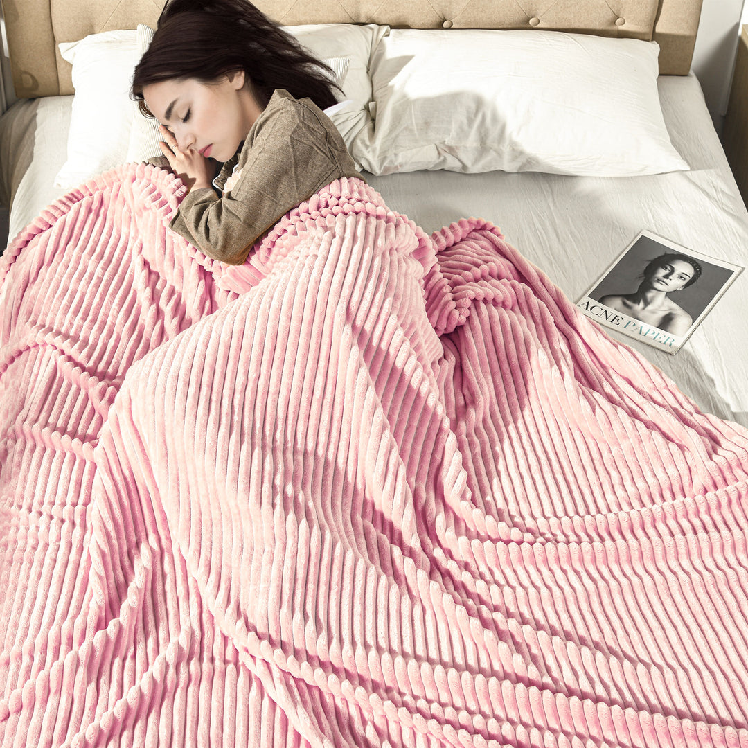 Flannel Fleece Throw Blanket, Fluffy Warm Throw Blanket, Striped Reversible Travel Bedspread, King Size, 230 x 231cm, Pink